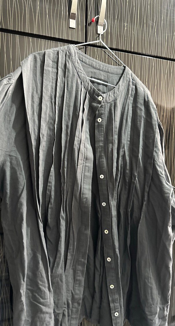 Gri Keten Düğmeli Uzun Kollu Kadın Gömlek - Görsel 3