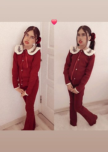 Bordo Nakışlı Uzun Kollu Kız Çocuk İkili Takım - Görsel 2