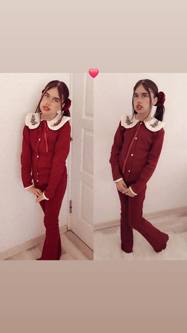 Bordo Nakışlı Uzun Kollu Kız Çocuk İkili Takım - Görsel 2