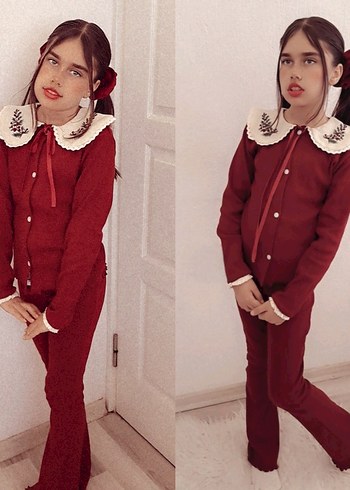 Bordo Nakışlı Uzun Kollu Bebek Kız Takımı - Görsel 2