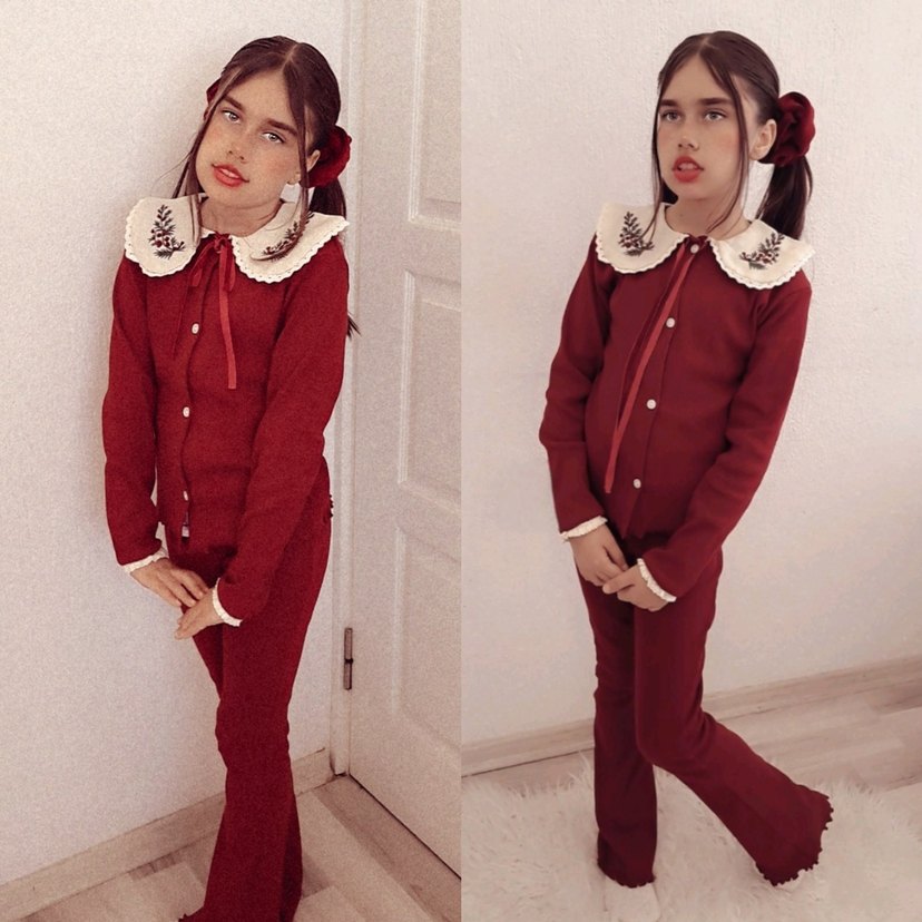 Bordo Nakışlı Uzun Kollu Bebek Kız Takımı - Görsel 2