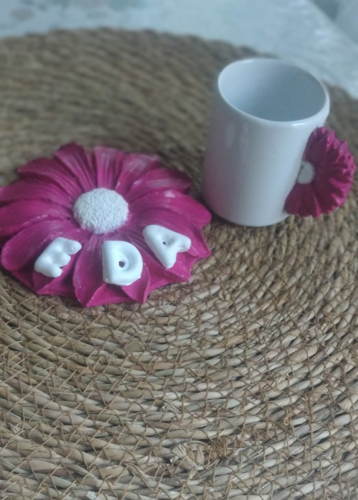 Pembe Çiçek Kulplu Kupa ve Tabak Seti - Görsel 3