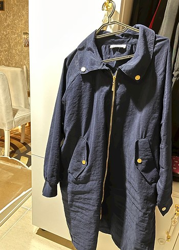 Lacivert Düğmeli Midi Keten Kadın Ceket - Görsel 2