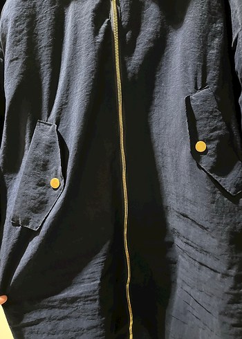 Lacivert Düğmeli Midi Keten Kadın Ceket - Görsel 5