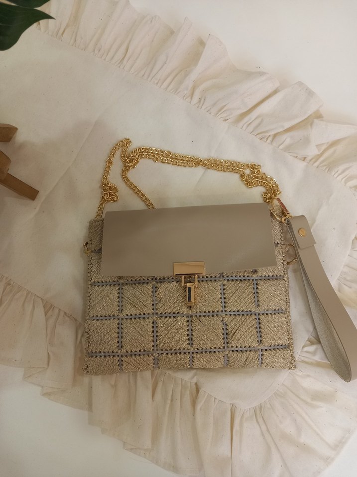 Nakışlı Zincir Detaylı Bej kanvas  Kadın Çanta - Görsel 4