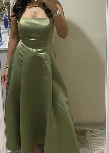 Yağ Yeşili Straplez Uzun Abiye Elbise - Görsel 2