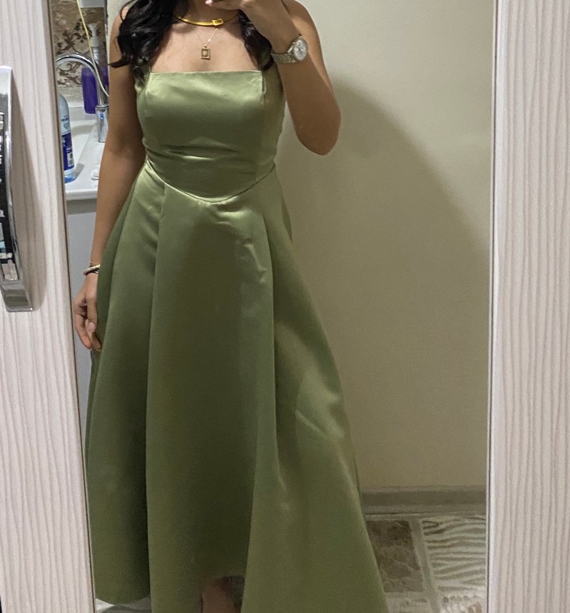 Yağ Yeşili Straplez Uzun Abiye Elbise - Görsel 2