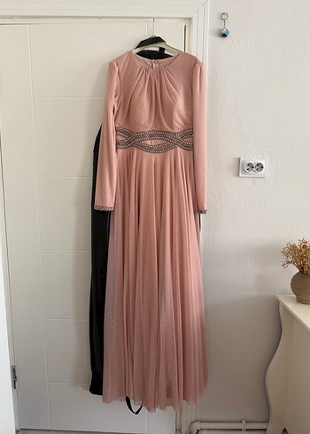 Pembe Uzun Kollu Drapeli Abiye Elbise