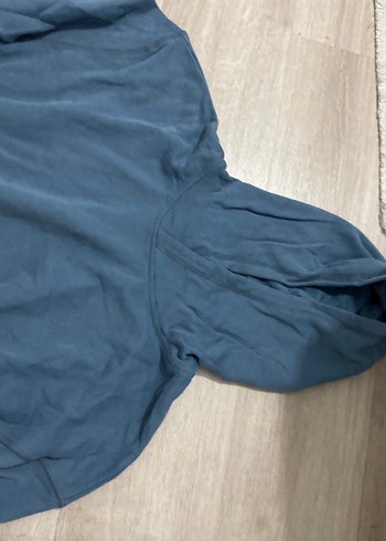 Kadın Mavi Kapüşonlu Keten Sweatshirt - Görsel 3