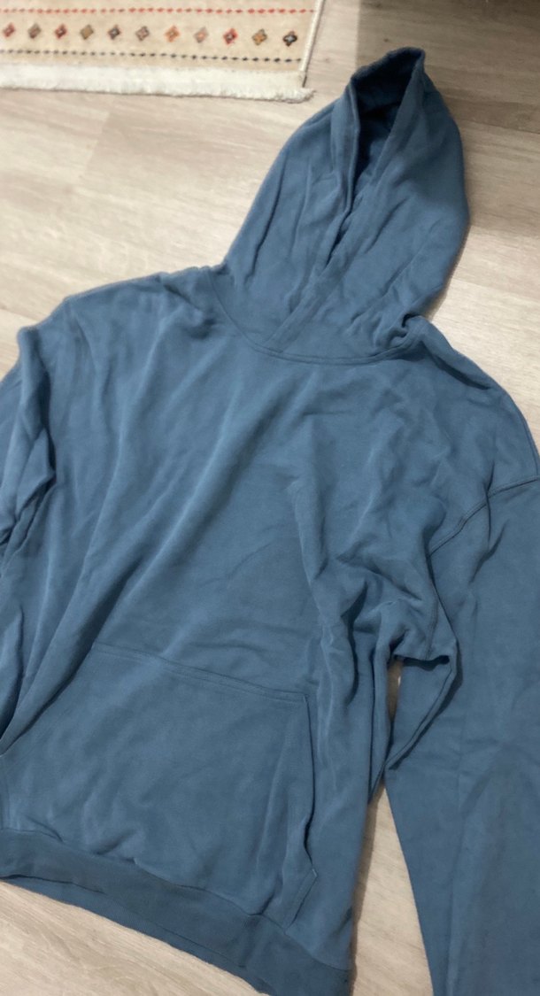 Kadın Mavi Kapüşonlu Keten Sweatshirt - Görsel 2