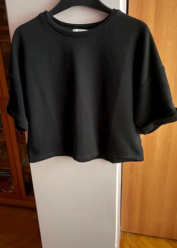 Kadın Siyah Kısa Kollu Crop Sweatshirt