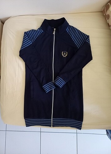Tesettür Sweatshirt lacivert çizgili dik yaka fermuarlı 