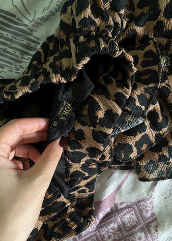 Kahverengi Leopar Desenli Fırfırlı Midi Etek - Görsel 3