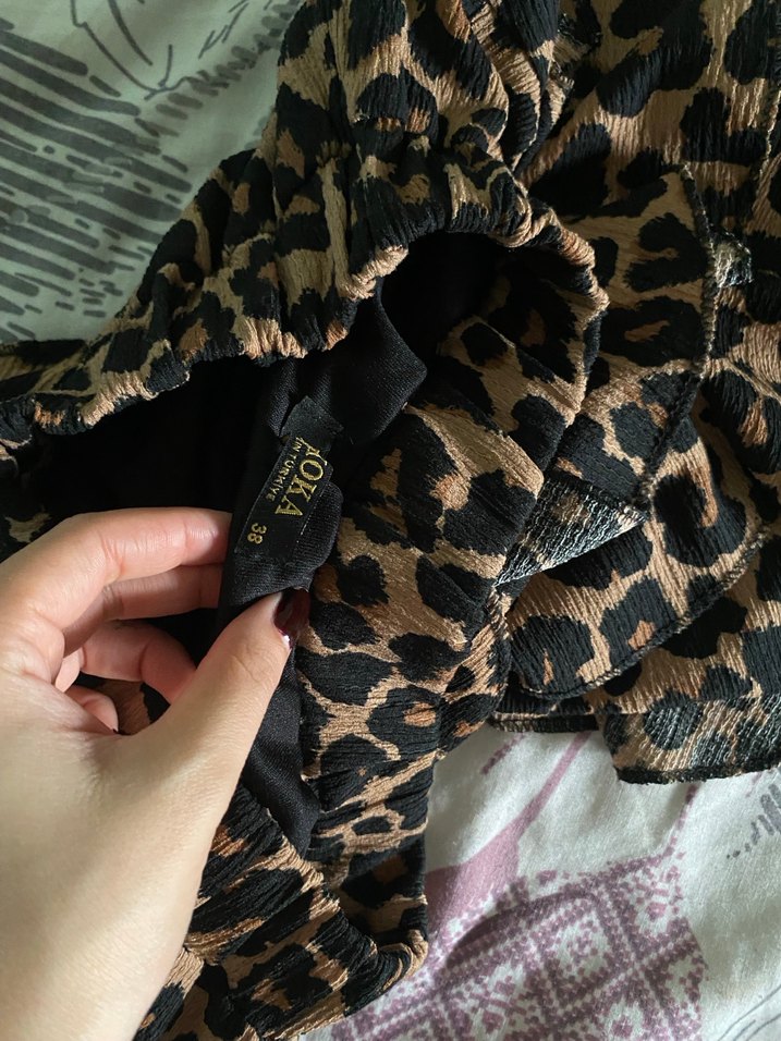 Kahverengi Leopar Desenli Fırfırlı Midi Etek - Görsel 3