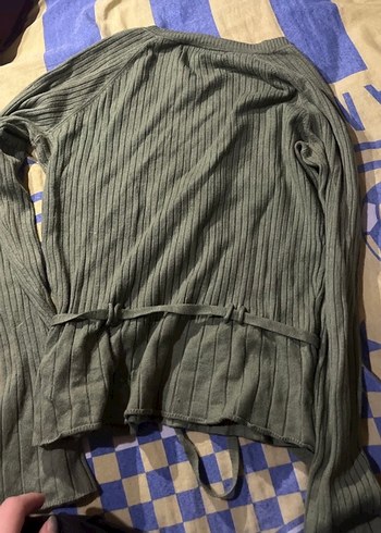 V Yaka Fitilli Yeşil Örgü Kadın Kazak - Görsel 3