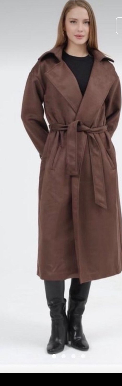 Kahverengi Süet Kuşaklı Kadın Trençkot - Görsel 4