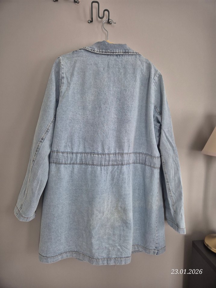 Kadın Uzun Denim Ceket, Kuşaklı, Bol Kesim - Görsel 3