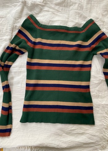 Çizgili, Kayık Yaka, Uzun Kollu Kadın Triko - Görsel 3