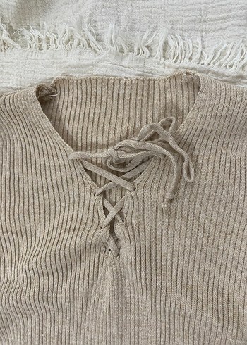 Bej Fitilli Örgü Kadın Kazak - Görsel 2