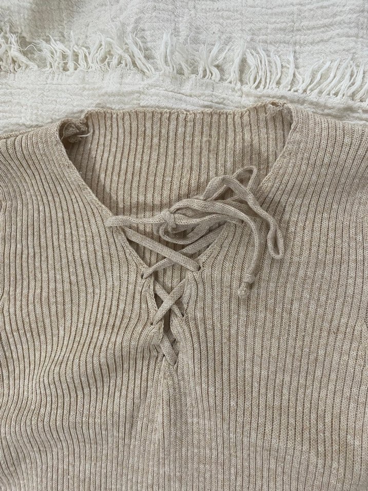 Bej Fitilli Örgü Kadın Kazak - Görsel 2