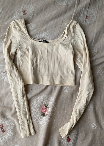 Uzun Kollu krem Crop Top - Görsel 3