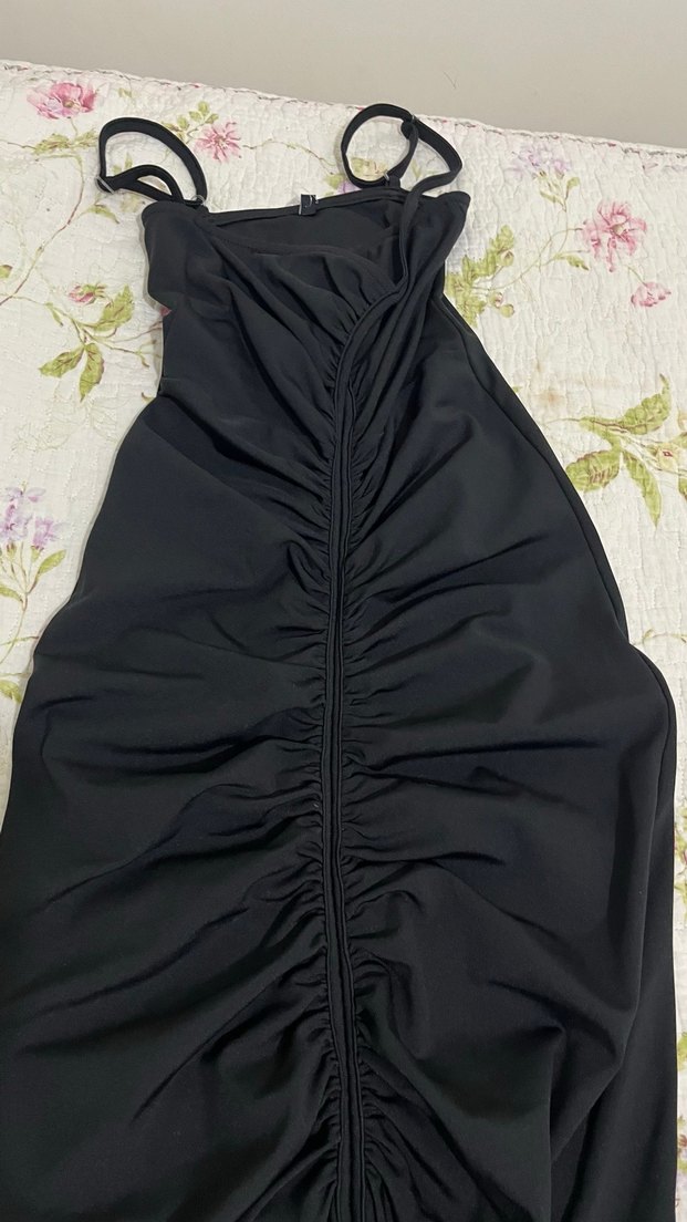 Siyah Drapeli Straplez Uzun Elbise - Görsel 4