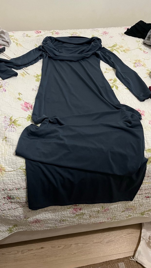 Drapeli Uzun Kollu Gri Kadın Elbise - Görsel 3