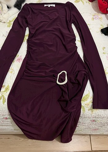 Bordo Drapeli Uzun Kollu Kadın Elbise - Görsel 3