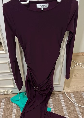 Bordo Drapeli Uzun Kollu Kadın Elbise - Görsel 4