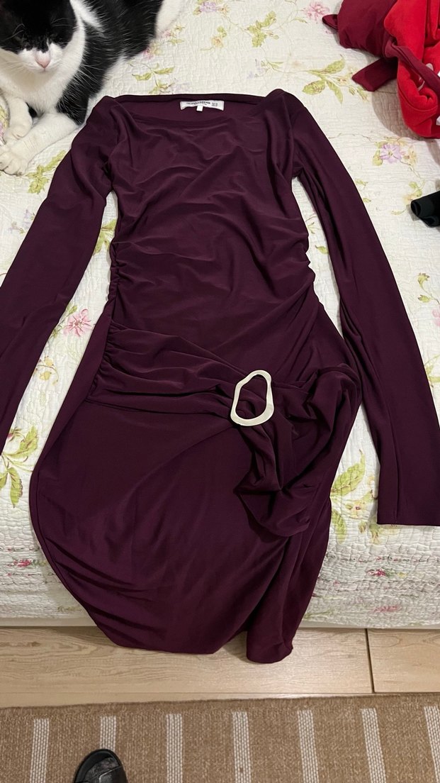 Bordo Drapeli Uzun Kollu Kadın Elbise - Görsel 3