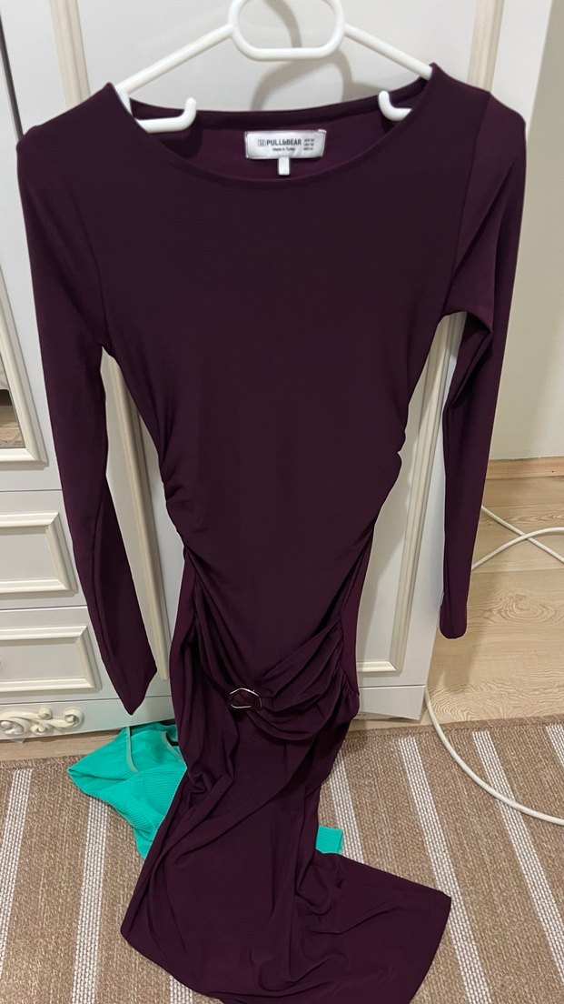 Bordo Drapeli Uzun Kollu Kadın Elbise - Görsel 4