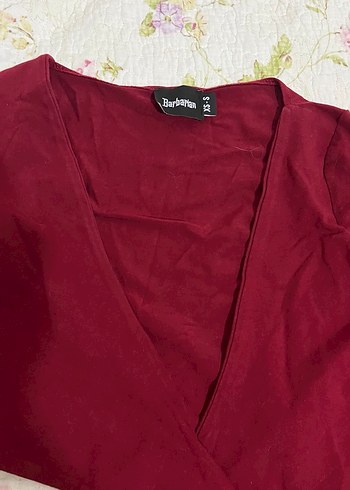 Bordo V Yaka Drapeli Uzun Kollu Bluz - Görsel 2