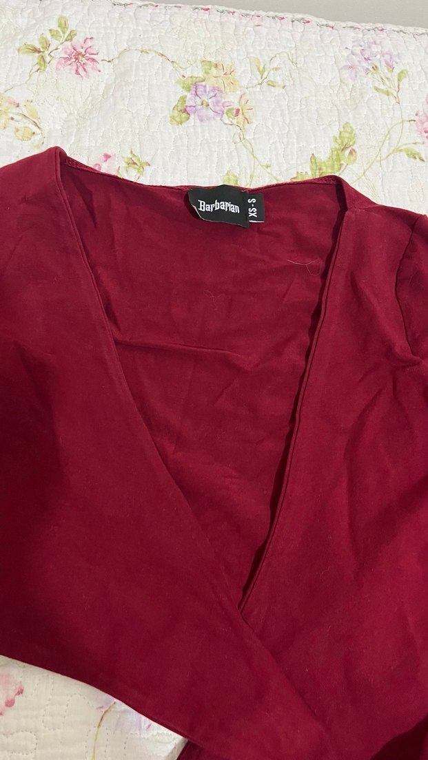 Bordo V Yaka Drapeli Uzun Kollu Bluz - Görsel 2