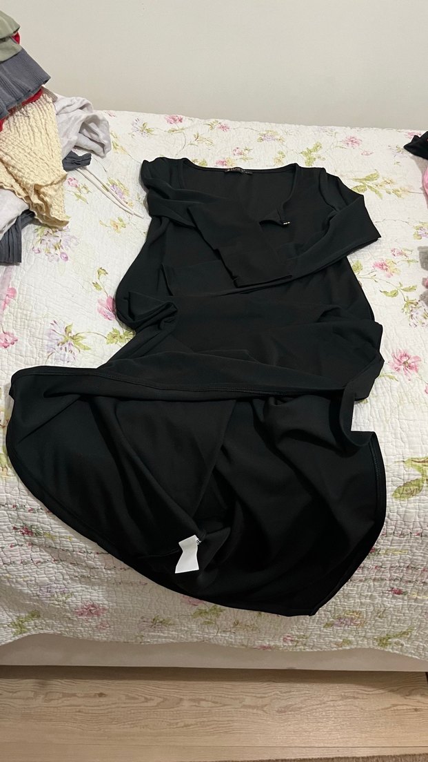 Fermuarlı V Yaka Siyah Uzun Bluz - Görsel 2