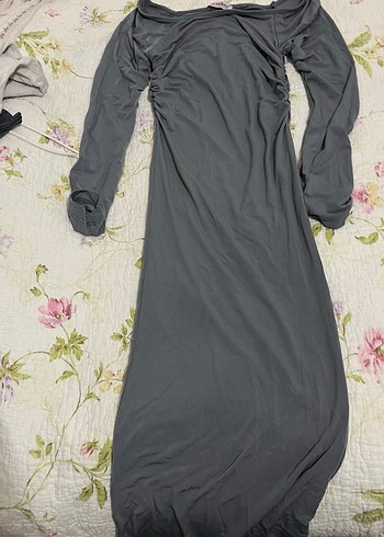 Gri Uzun Kollu Drapeli Kadın Elbise - Görsel 3