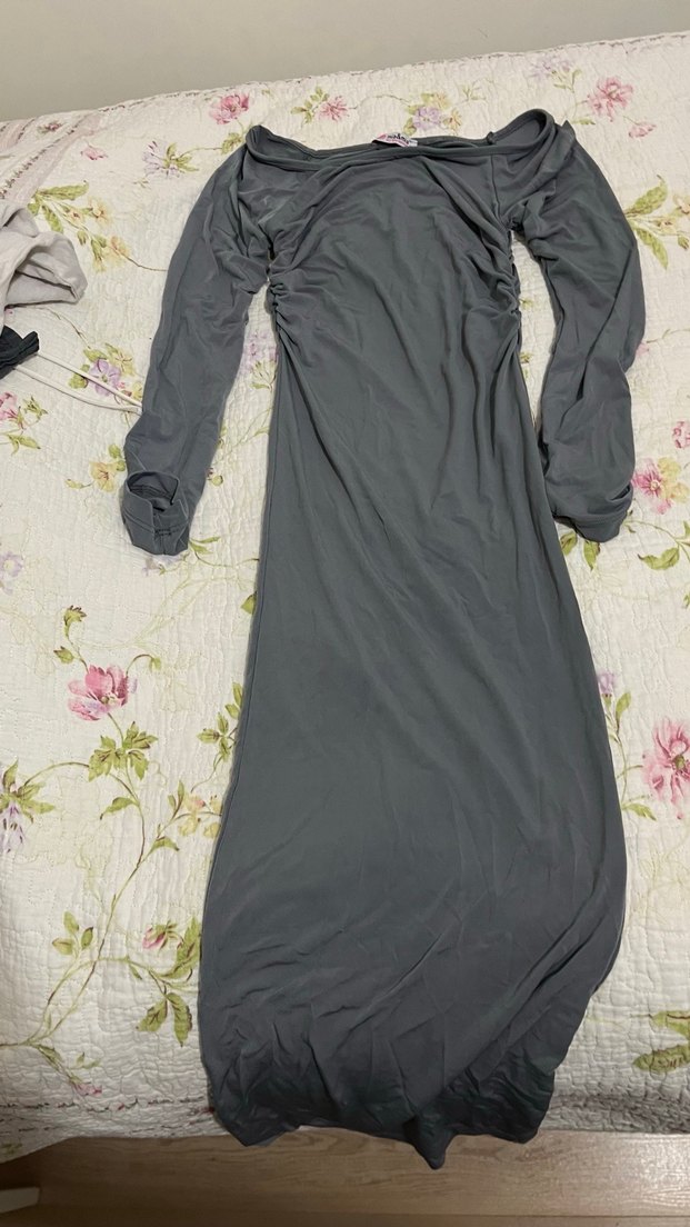 Gri Uzun Kollu Drapeli Kadın Elbise - Görsel 3