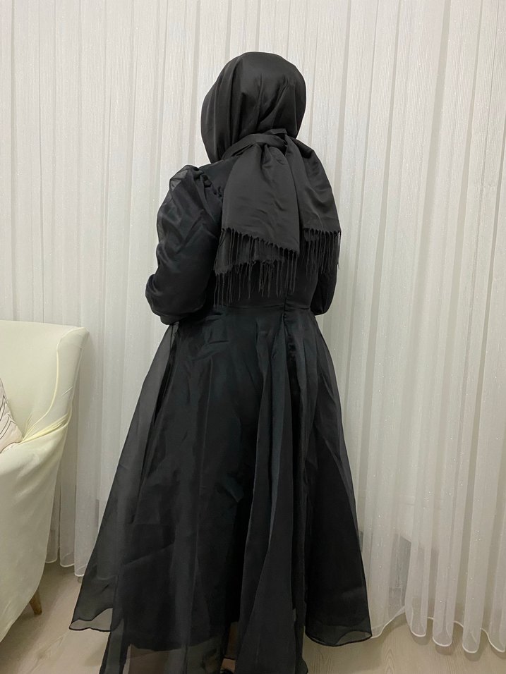 Drapeli Siyah Gotik Uzun Abiye Elbise - Görsel 4