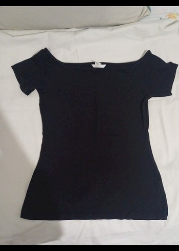 H&M Siyah Kadın Kayık Yaka Kısa Kollu Tişört