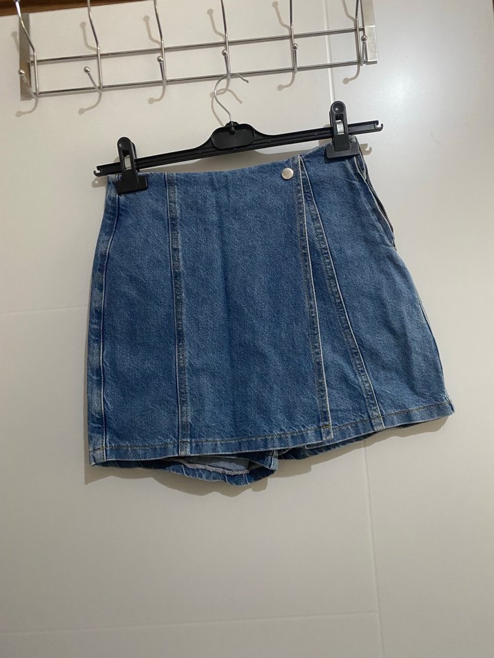 Kadın Mavi etekli mini Denim Şort - Görsel 2