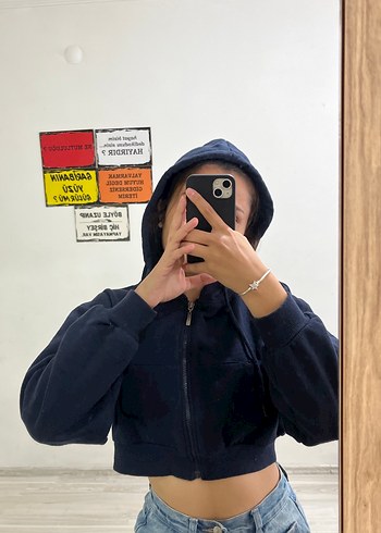 l Beden Kadın Koyu Mavi Kapüşonlu Crop Sweatshirt
