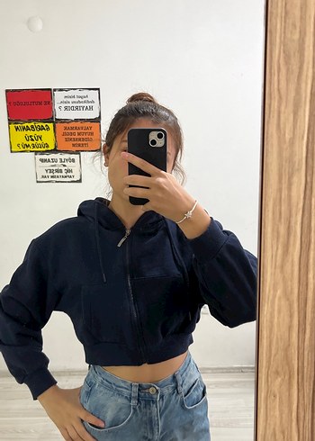 Kadın Koyu Mavi Kapüşonlu Crop Sweatshirt