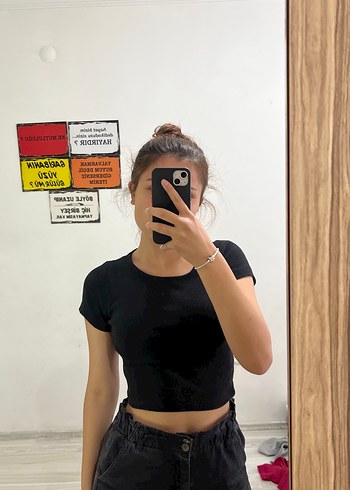 Siyah Crop Top, Kısa Kollu, Düz Yaka