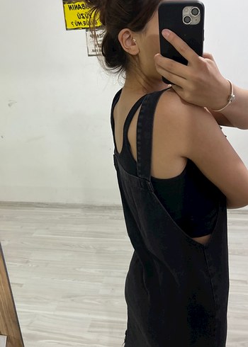 s Beden Siyah Bağlamalı Denim Midi Uzun Tulum