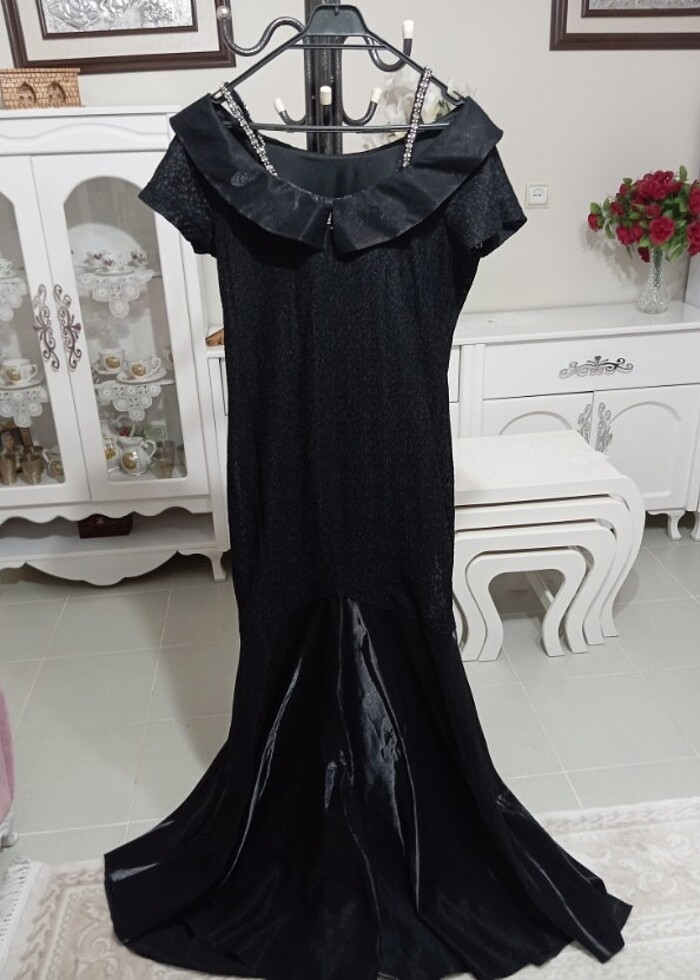 Özel dikim kayık yaka siyah abiye - Görsel 2