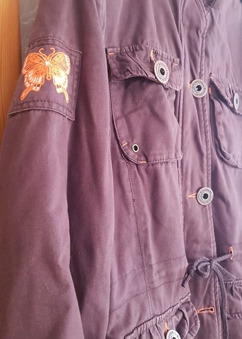 Düğmeli  kahverengi Kadın Ceket, Nakışlı, Salaş Kesim - Görsel 2