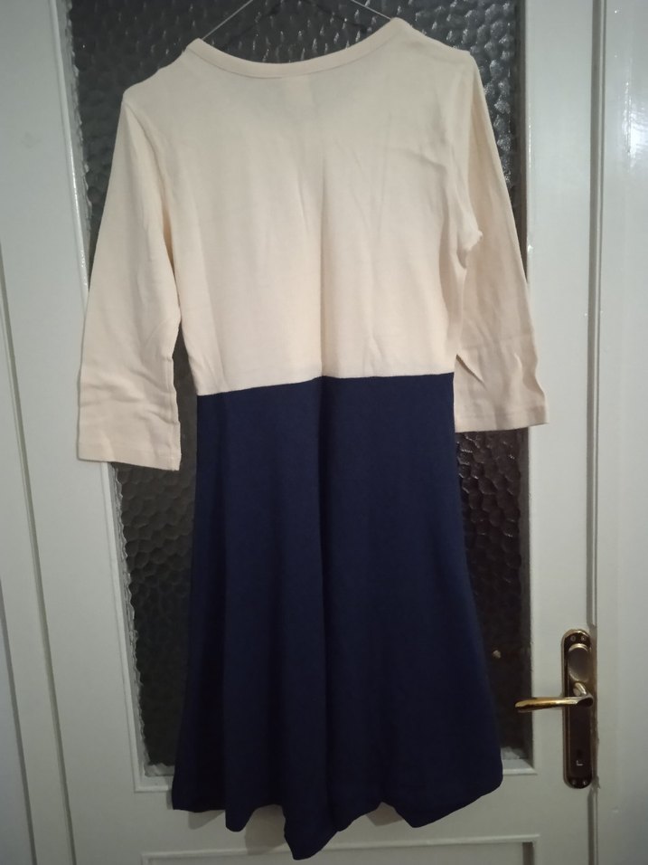 Uzun Kollu Midi Beyaz Lacivert Elbise - Görsel 4