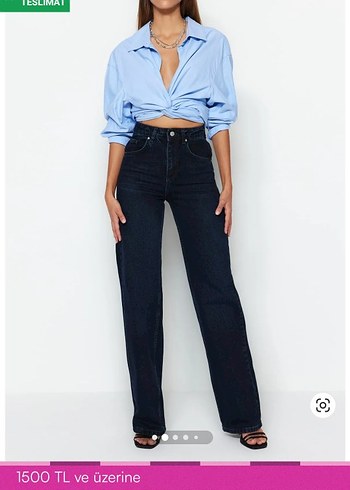 Düğmeli Mavi Kadın Denim Pantolon
