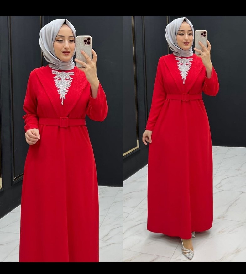 Kemerli Kırmızı Taş Detaylı Uzun Elbise - Görsel 2