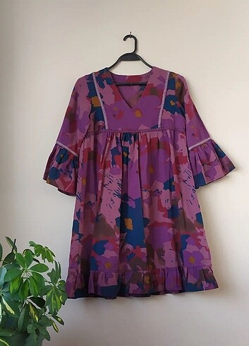 Mor renk v yakalı vintage etnik elbise