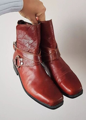 American Vintage Kahverengi hakiki deri kısa topuklu tokalı vintage bot